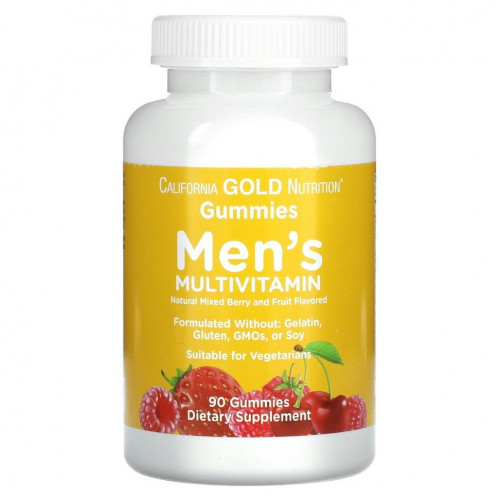 California Gold Nutrition, Жевательные пастилки с поливитаминами для мужчин, без желатина, без глютена, со вкусом органических ягод и фруктов, 90 жевательных пастилок