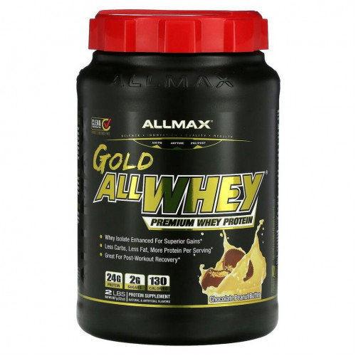 ALLMAX Nutrition, AllWhey Gold, 100% сывороточный протеин+ премиум-изолят сывороточного протеина, шоколад и арахисовое масло, 2 фунта (907 г)