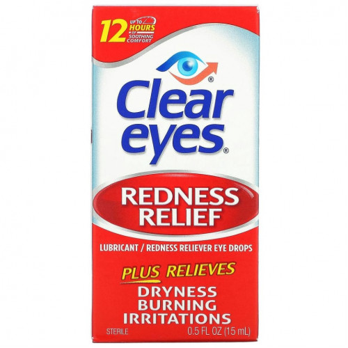 Clear Eyes, Redness Relief, Глазные капли смазывающее / снимающее покраснение, 0,5 жидких унций (15 мл)