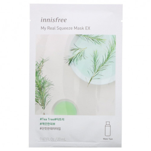 Innisfree, My Real Squeeze Beauty Mask EX, тканевая маска с чайным деревом, 1 шт., 20 мл (0,67 жидк. унции)