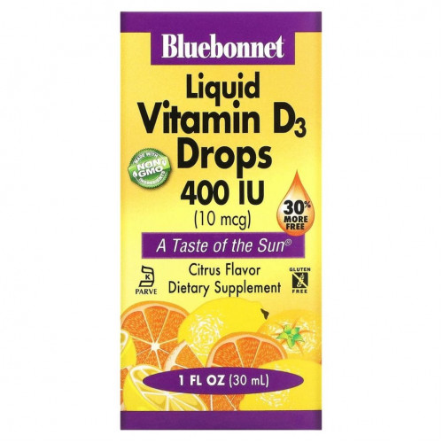 Bluebonnet Nutrition, Жидкий витамин D3 в каплях, натуральный аромат цитрусовых, 400 МЕ, 1 жидк. унц. (30 мл)