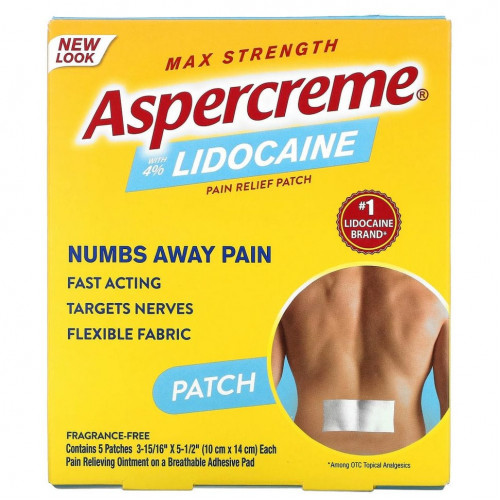 Aspercreme, Обезболивающий пластырь с 4% лидокаином, максимальная сила, без отдушек, 5 пластырей (10 см x 14 см) каждый