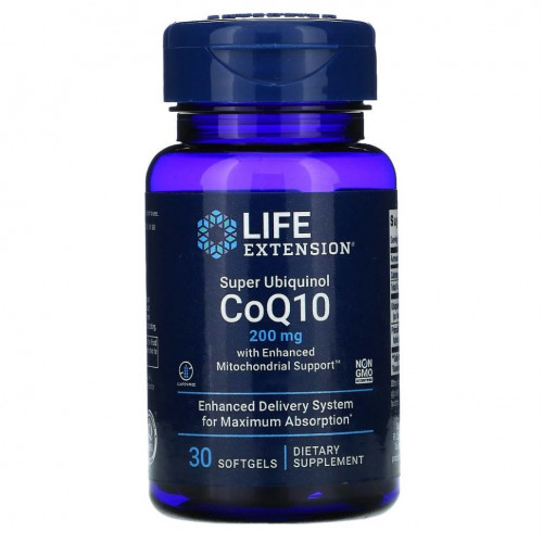 Life Extension, Super Ubiquinol CoQ10 с улучшенной поддержкой митохондрий, 200 мг, 30 гелевых капсул