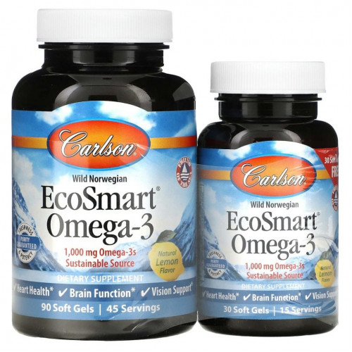 Carlson Labs, EcoSmart Omega-3, натуральный ароматизатор «Лимон», 1000 мг, 90 + 30 желатиновых капсул