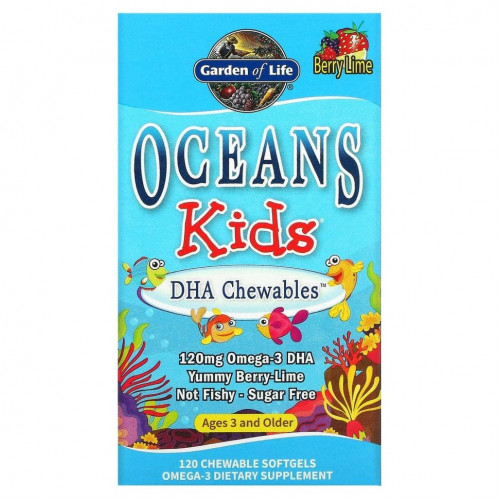 Garden of Life, Oceans Kids, DHA Chewables, от 3 лет и старше, вкус ягод и лайма, 120 мг, 120 жевательных мягких таблеток