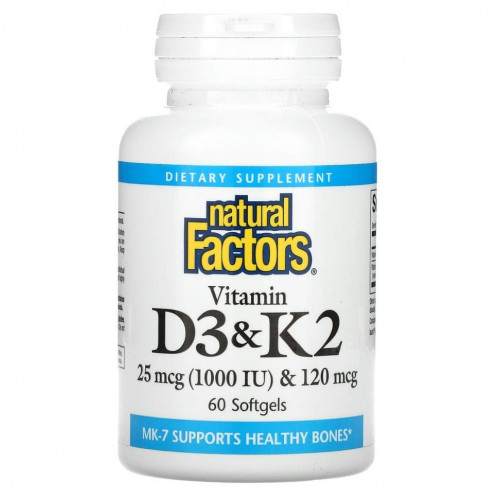 Natural Factors, витамины D3 и К2, 60 капсул