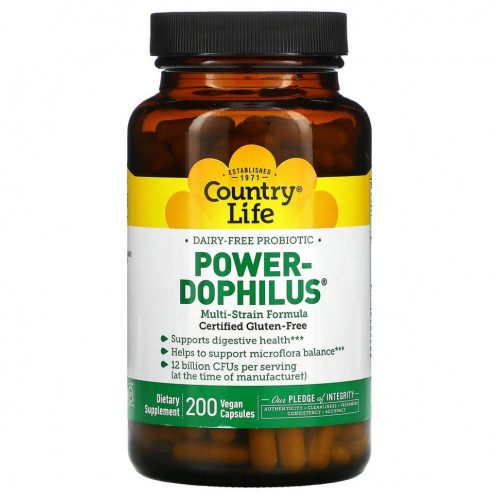 Country Life, Power-Dophilus, безмолочный пробиотик, 200 веганских капсул