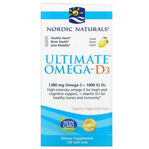 Nordic Naturals, Ultimate Омега-D3, со вкусом лимона, 1000 мг, 120 капсул