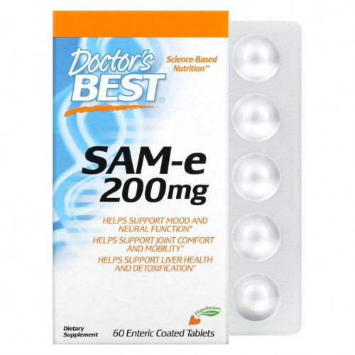 Doctor's Best, SAM-e, 200 мг, 60 таблеток, покрытых кишечнорастворимой оболочкой