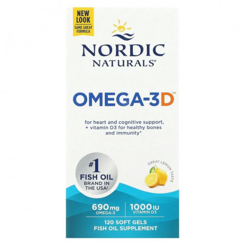 Nordic Naturals, Omega-3D, со вкусом лимона, 1000 мг, 120 мягких желатиновых капсул