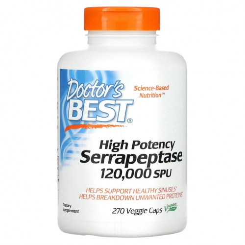 Doctor's Best, высокоэффективная серрапептаза, 120 000 SPU, 270 вегетарианских капсул