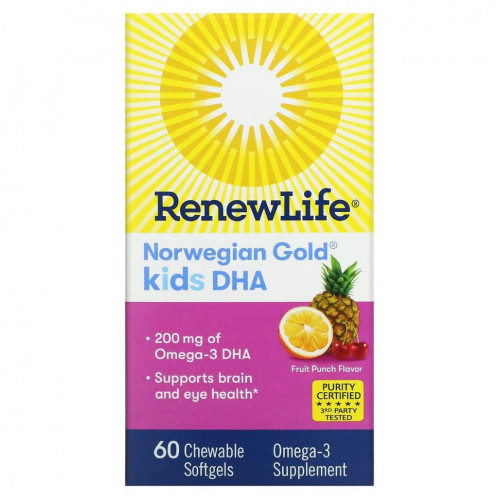 Renew Life, Norwegian Gold, ДГК для детей, со вкусом фруктового пунша, 200 мг, 60 жевательных таблеток