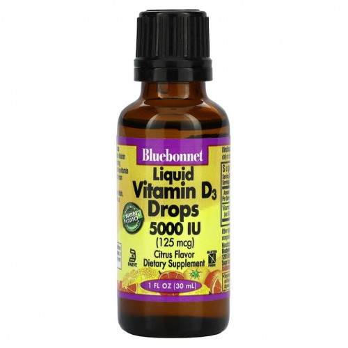 Bluebonnet Nutrition, капли витамина D3, с натуральным цитрусовым вкусом, 5000 МЕ, 30 мл (1 жидкая унция)
