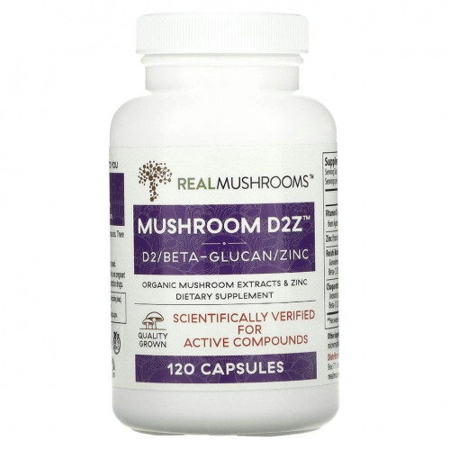 Real Mushrooms, Mushroom D2Z, D2 / бета-глюкан / цинк, 120 капсул