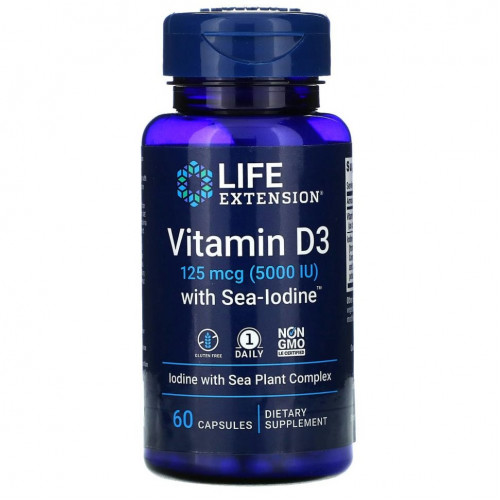 Life Extension, витамин D3 с Sea-Iodine, 125 мкг (5000 МЕ), 60 капсул