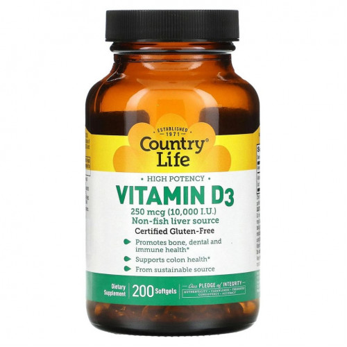 Country Life, Vitamin D3, High Potency, 250 mcg (10,000 IU), 200 Softgels