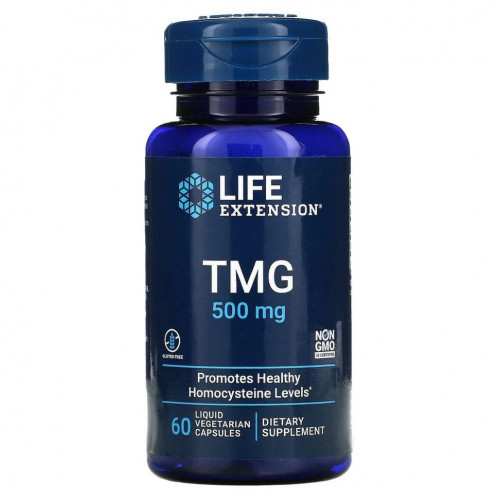 Life Extension, TMG, триметилглицин, 500 мг, 60 вегетарианских капсул с жидкостью