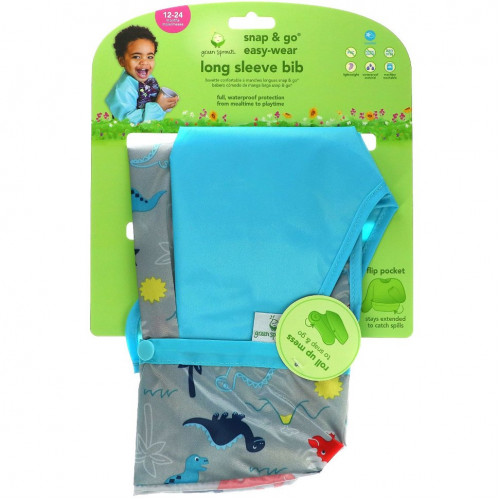 Green Sprouts, Snap & Go Easy Wear Long Sleeve Bib, Aqua Diasour