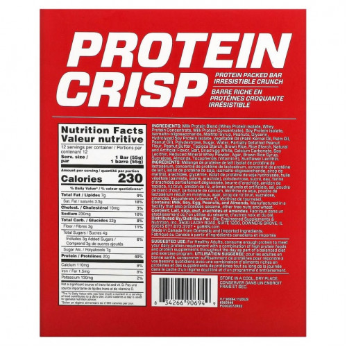 BSN, Protein Crisp, кранч с арахисовой пастой, 12 батончиков, 56 г (1,97 унции) каждый