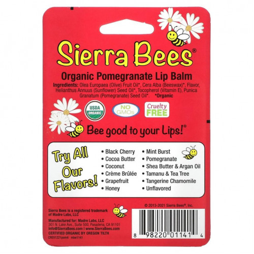 Sierra Bees, органические бальзамы для губ, гранат, 4 штуки по 4,25 г (0,15 унции)