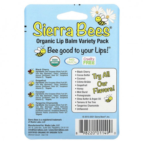 Sierra Bees, набор органических бальзамов для губ, 4 штуки, вес: 4,25 г (0,15 унции) каждый