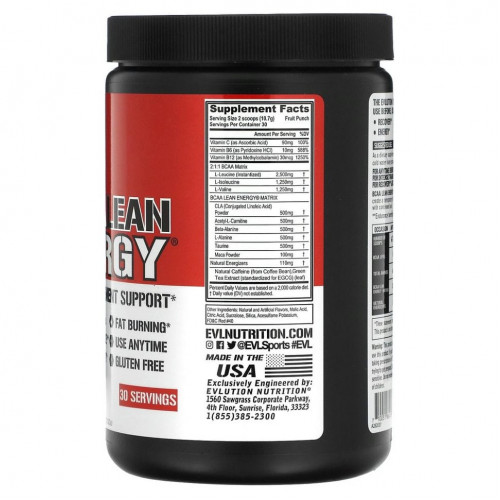 EVLution Nutrition, BCAA LEAN ENERGY, фруктовый пунш, 321 г (11,32 унции)