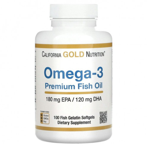 California Gold Nutrition, омега-3, рыбий жир премиального качества, 180 мг ЭПК / 120 мг ДГК, 100 капсул из рыбьего желатина