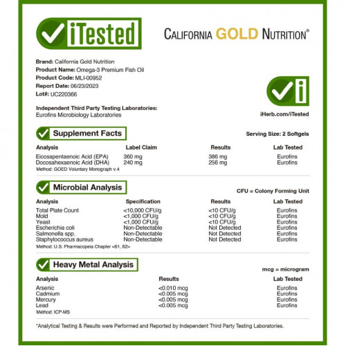 California Gold Nutrition, омега-3, рыбий жир премиального качества, 180 мг ЭПК / 120 мг ДГК, 100 капсул из рыбьего желатина