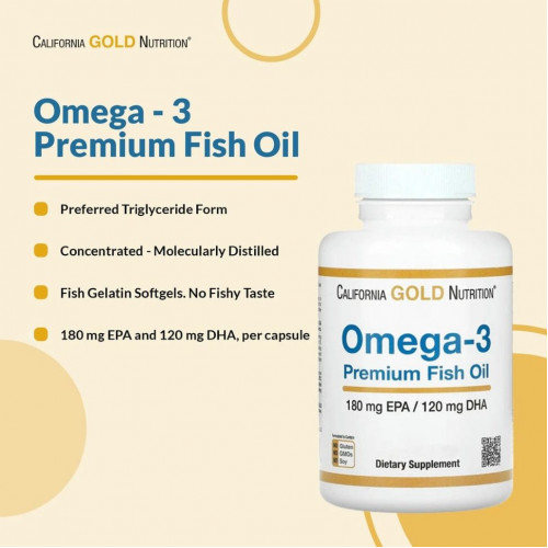 California Gold Nutrition, омега-3, рыбий жир премиального качества, 180 мг ЭПК / 120 мг ДГК, 100 капсул из рыбьего желатина