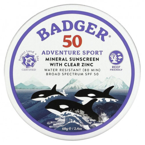 Badger Company, Adventure Sport, минеральное солнцезащитное средство с прозрачным цинком, SPF 50, без запаха, 68 г (2,4 унции)