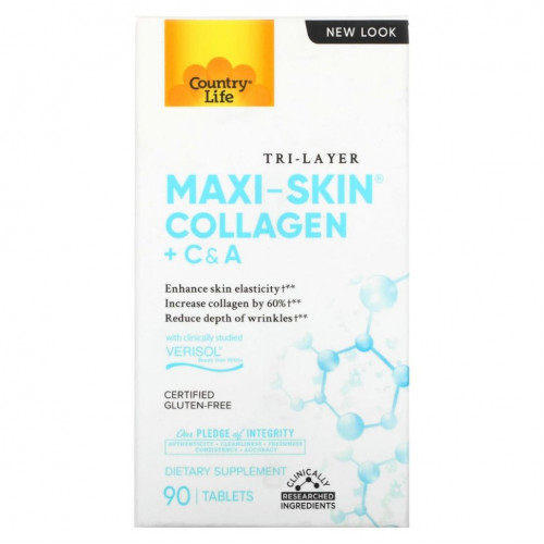 Country Life, Tri Layer Maxi-Skin Collagen, коллаген с витаминами C и A, 90 таблеток