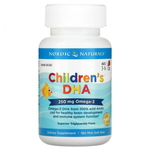 Nordic Naturals, Children's DHA, ДГК для детей, со вкусом клубники, для детей 3–6 лет, 250 мг, 180 мини-капсул