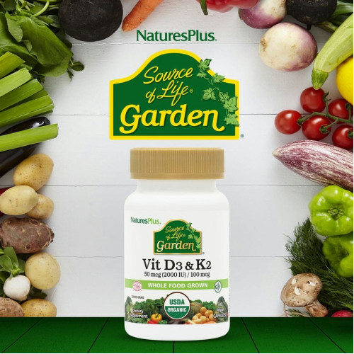 NaturesPlus, Source of Life Garden, витамины D3 и K2, 60 веганских капсул