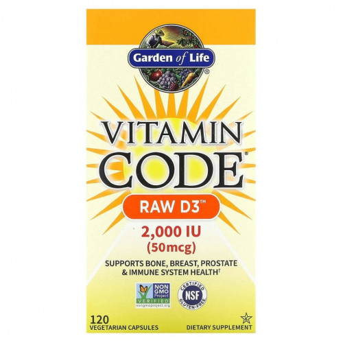 Garden of Life, Vitamin Code, RAW D3, 50 мкг (2000 МЕ), 120 вегетарианских капсул