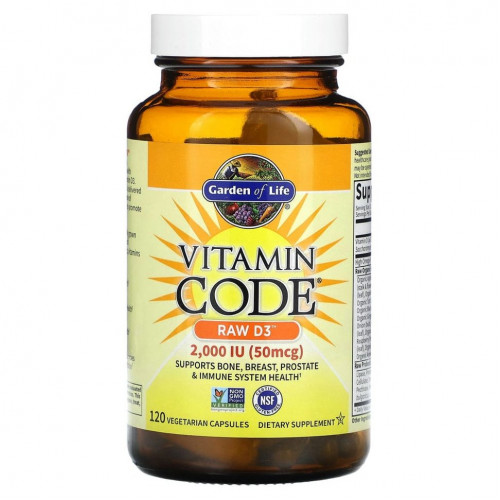 Garden of Life, Vitamin Code, RAW D3, 50 мкг (2000 МЕ), 120 вегетарианских капсул