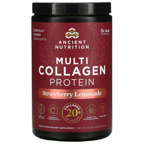 Dr. Axe / Ancient Nutrition, Multi Collagen Protein, Strawberry Lemonade, 1.18 lbs (535.5 g)