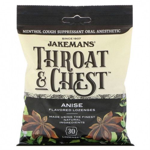 Jakemans, Throat & Chest, Anise Flavored, 30 таблеток для рассасывания