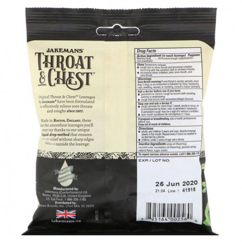 Jakemans, Throat & Chest, Anise Flavored, 30 таблеток для рассасывания