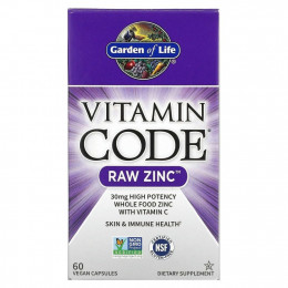 Garden of Life, Vitamin Code, RAW Zinc, 60 веганских капсул