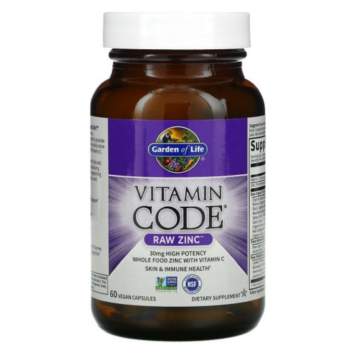 Garden of Life, Vitamin Code, RAW Zinc, 60 веганских капсул