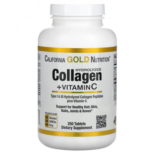 California Gold Nutrition, пептиды гидролизованного коллагена с витамином C, тип 1 и 3, 250 таблеток