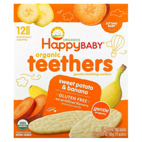 Happy Family Organics, органические вафли для прорезывания зубов, для малышей, умеющих сидеть, батат и банан, 12 пакетиков по 4 г (0,14 унции)