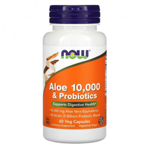 NOW Foods, алоэ 10 000 с пробиотиками, 60 растительных капсул