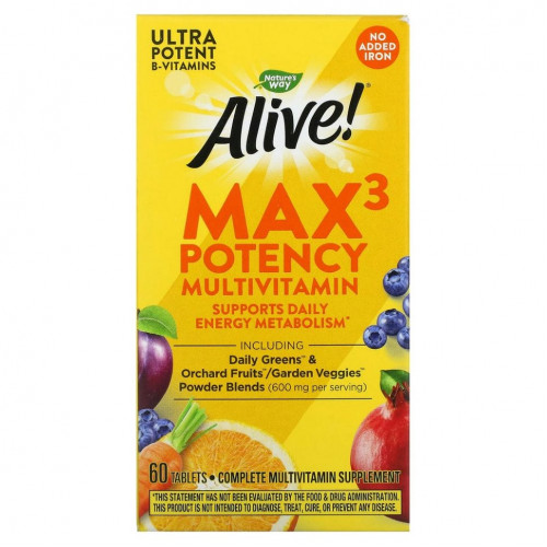 Nature's Way, Alive! Max3 Potency, мультивитамины повышенной эффективности, без добавления железа, 60 таблеток