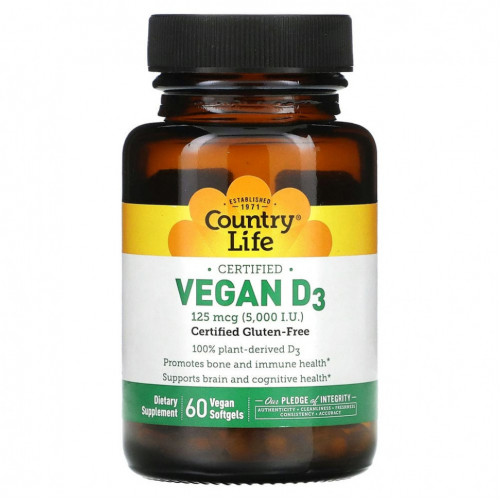 Country Life, Vegan D3, 125 mcg (5,000 IU), 60 Vegan Softgels