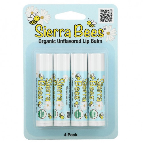 Sierra Bees, Органические бальзамы для губ, без вкуса, 4 шт. в упаковке, 0,15 унции (4,25 г) каждый