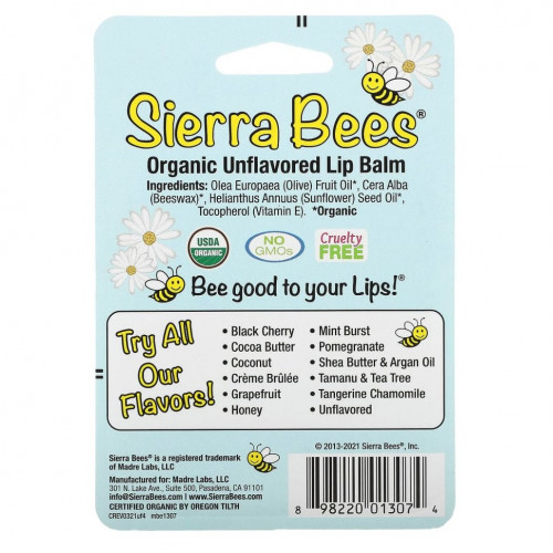 Sierra Bees, Органические бальзамы для губ, без вкуса, 4 шт. в упаковке, 0,15 унции (4,25 г) каждый