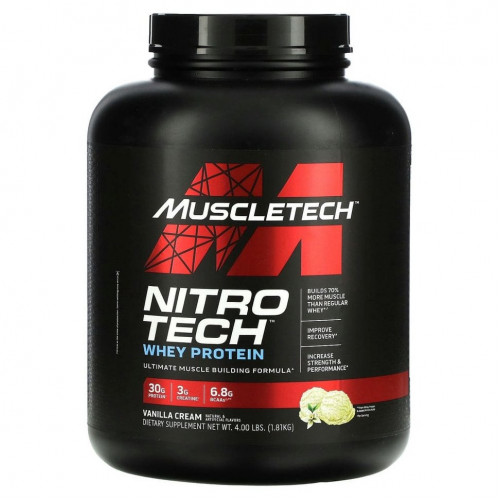 Muscletech, Nitro Tech, основной источник пептидов и изолята сывороточного белка со вкусом ванили, 1,81 кг (4 фунта)