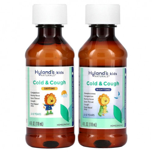 Hyland's, 4 Kids, средство от простуды и кашля, для детей от 2 до 12 лет, упаковка с 2 флаконами для дневного и ночного приема по 118 мл (4 жидк. унции)