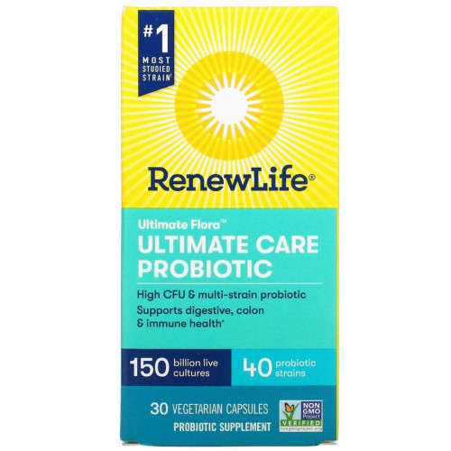 Renew Life, Ultimate Flora, Ultimate Care, пробиотик с повышенной силой действия, 150 млрд живых культур, 30 вегетарианских капсул